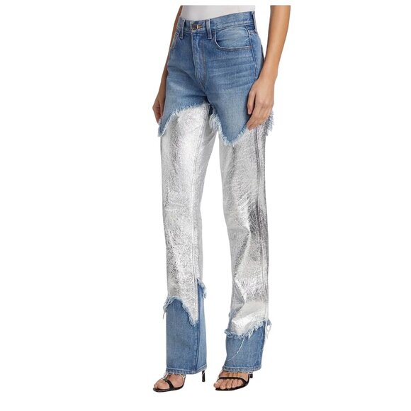 Brandon Maxwell The Stella Metallic Leather Patch Jeans - Picture 2 of 4